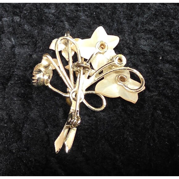 Vtg Gold-Tone Brooch With Mother Of Pearl Accents & Rhinestones Floral Design - Picture 8 of 10